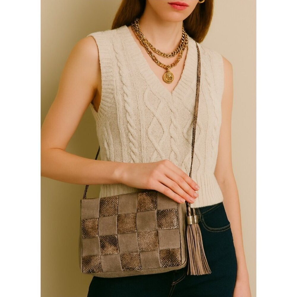 Antropologie Morgan  Woven Suede Crossbody Bag Snakeskin Accents Tassel Boho